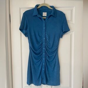 With Jean Bright Blue Button-Up Ruched Mini Dress